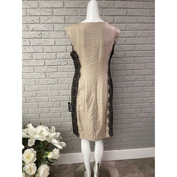 London Times Women  Sleeveless Layered Tan Black Lace Shift Knee Length Dress Si - Picture 4 of 9